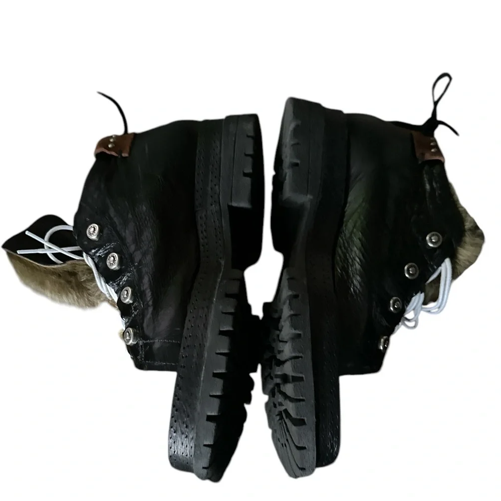 FREE PEOPLE A.S.98 Black White faux fur tongue lug suede chunky leather Shoes